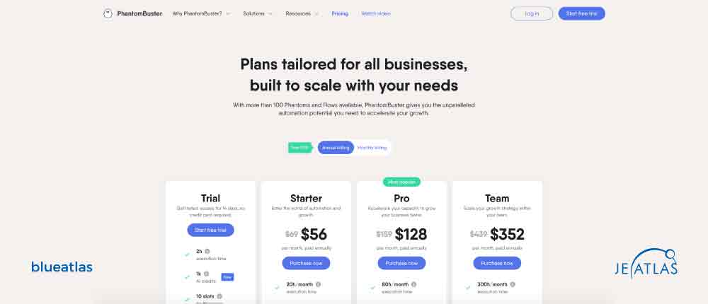 An image showing PhantomBuster pricing and plans